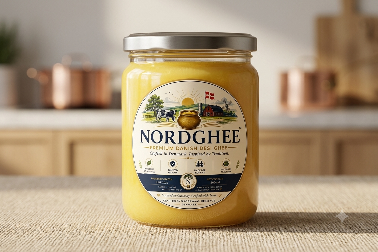 NordGhee glass jar in a warm kitchen setting